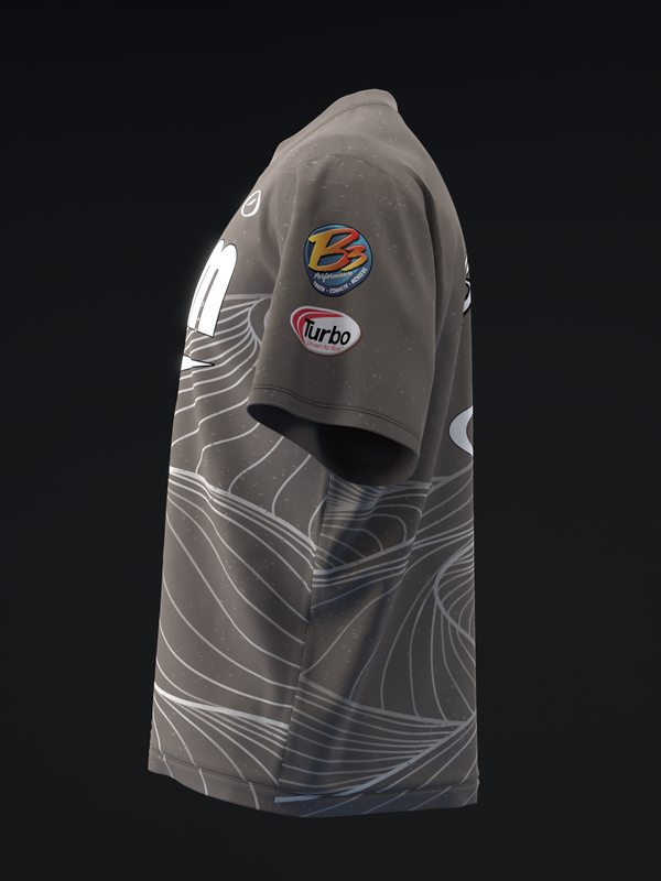Gray bowling jersey with white abstract mountain line pattern and brand logos on sleeve
