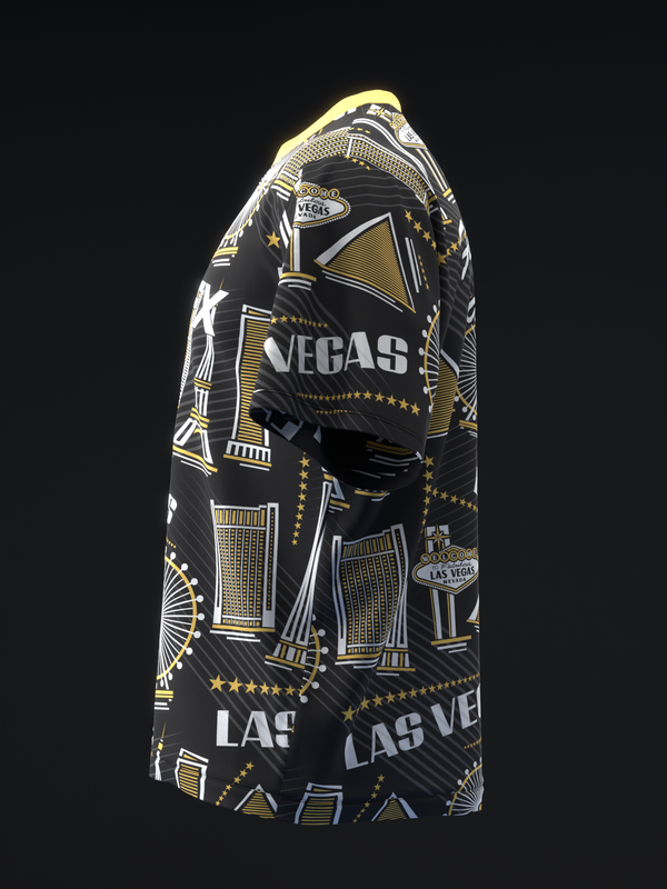 Black bowling jersey with Las Vegas skyline and gold geometric building graphics