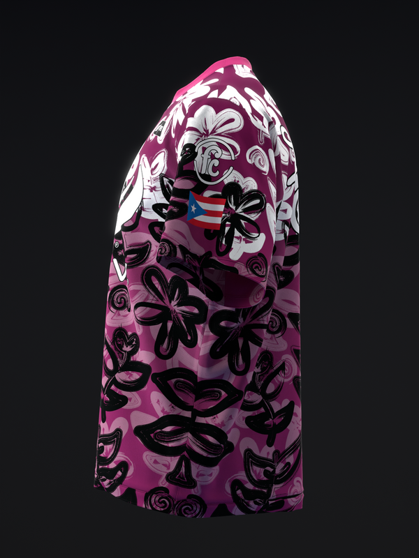 Pink and purple bowling jersey with black and white floral airbrush design