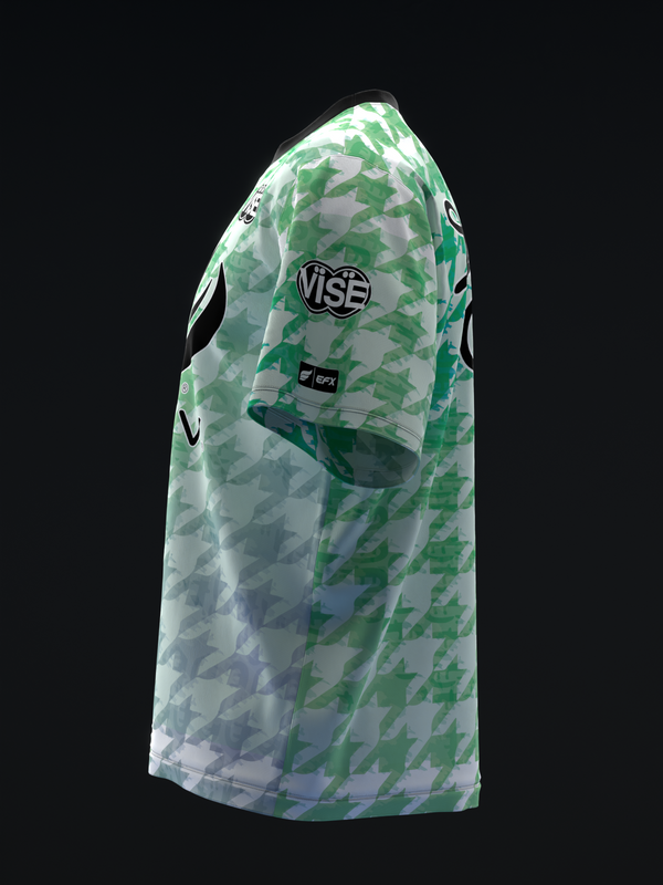 Green and white houndstooth bowling jersey with Vise logo, side view