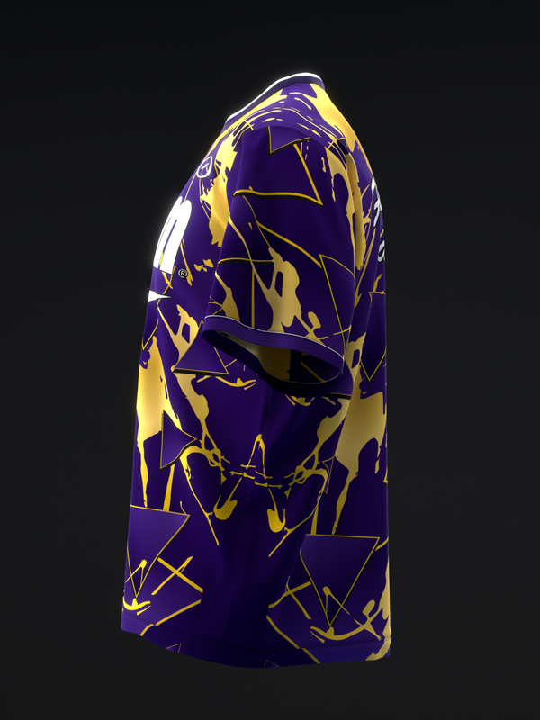 Purple and gold bowling jersey with abstract geometric lightning bolt pattern