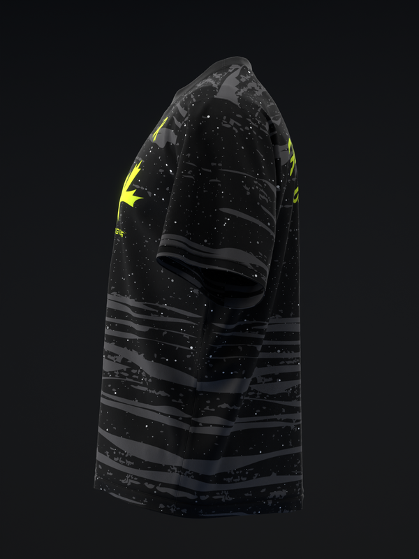 Black bowling jersey with gray horizontal stripes and neon yellow accents on sleeves