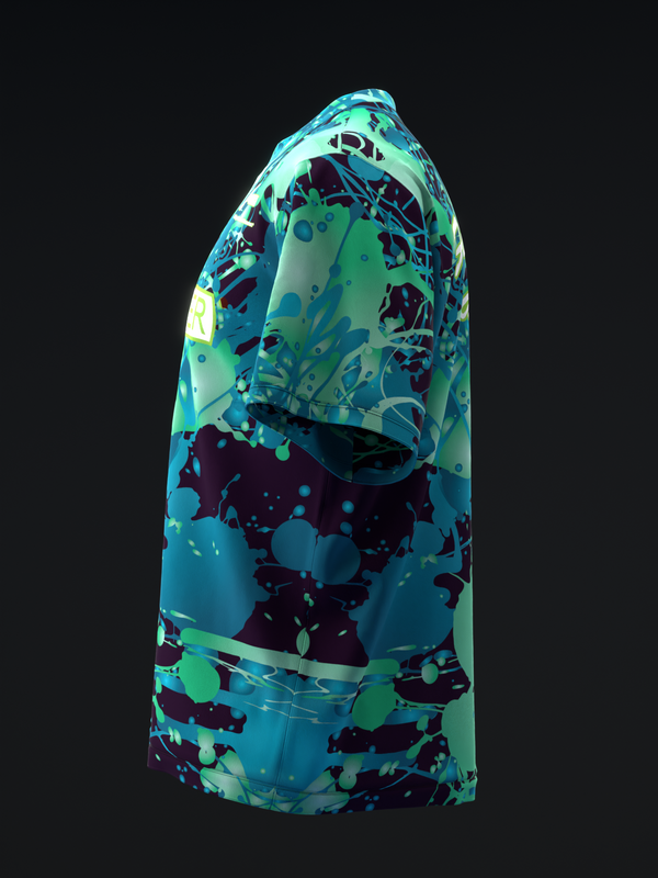Turquoise and burgundy bowling jersey with abstract splatter pattern, side view
