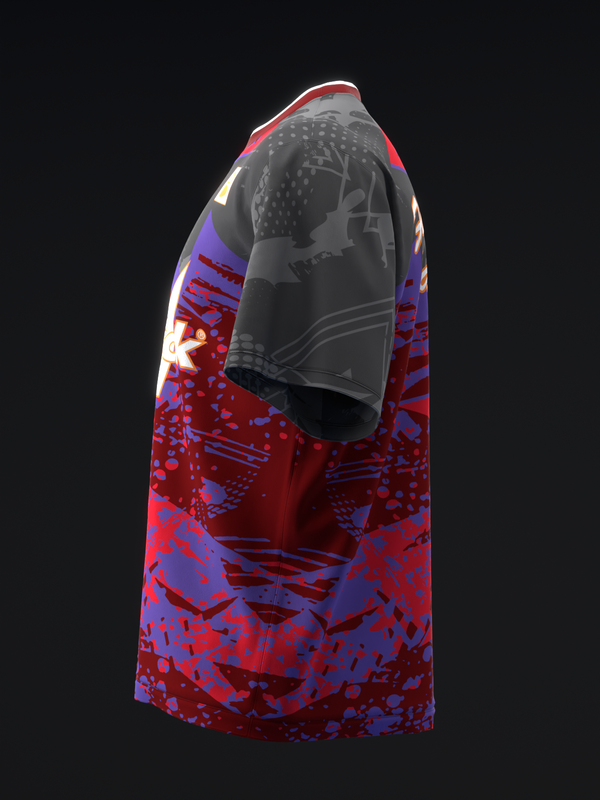 Red and blue bowling jersey with abstract geometric pattern and graphic design