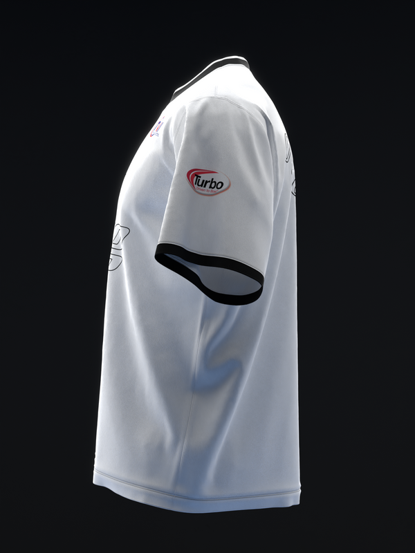 White bowling jersey with Turbo logo and black accent stripe on sleeve