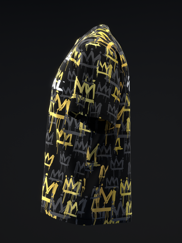 Black bowling jersey with yellow and gray crown pattern, side view