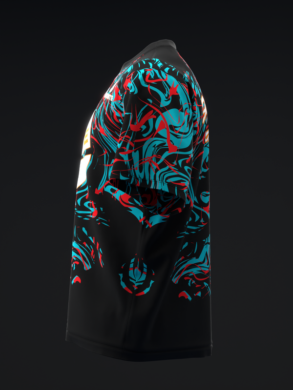 Black bowling jersey with turquoise and red abstract swirl design on sleeves