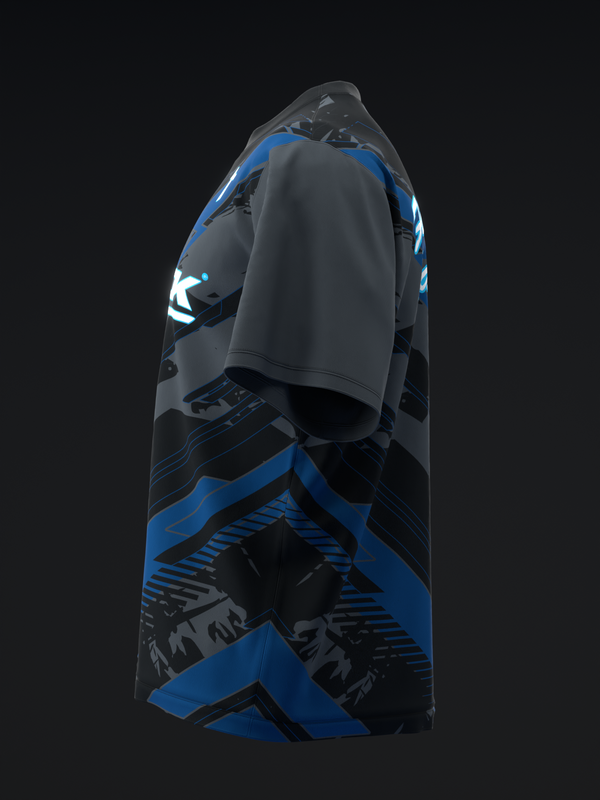 Charcoal and blue bowling jersey with geometric graphic design, side view