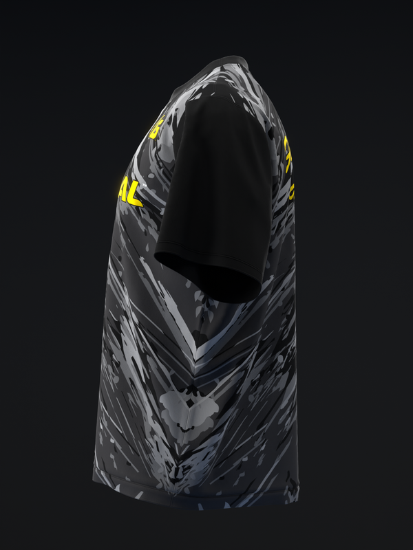 Black and gray bowling jersey with yellow accents on sleeves, front view