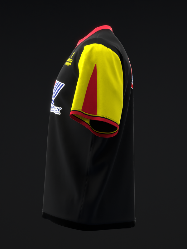 Black bowling jersey with neon yellow sleeve, red and white striped logo graphic