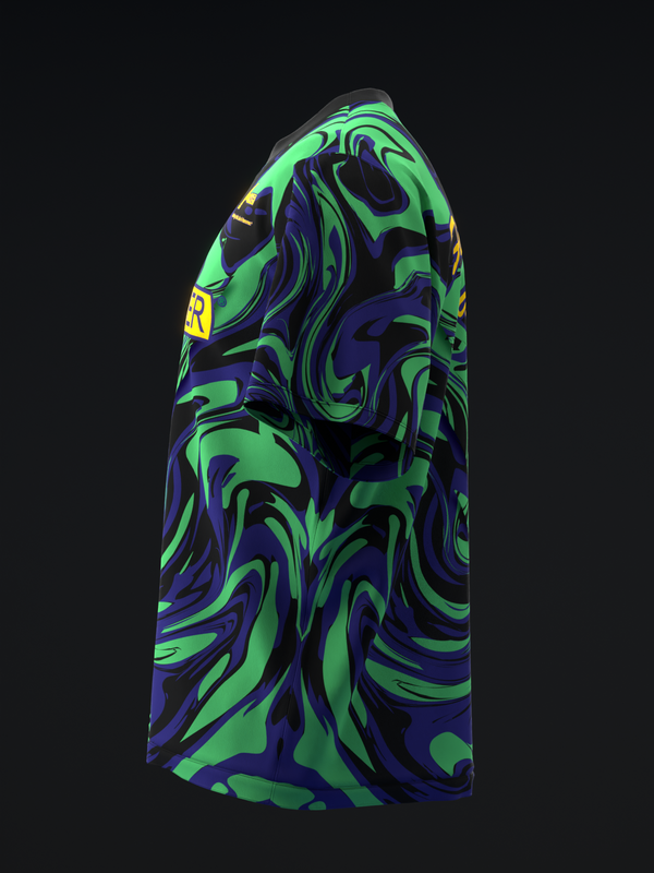 Bowling jersey in neon green and navy with swirling abstract pattern, side view