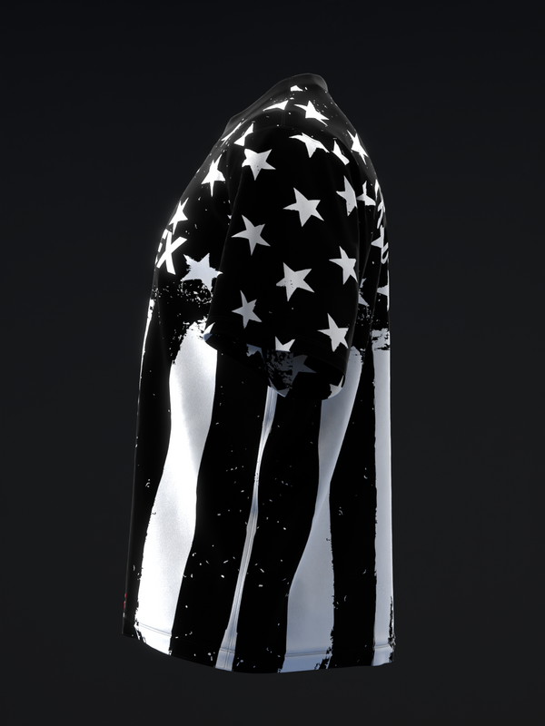 Black bowling jersey with white stars and vertical stripes, front view