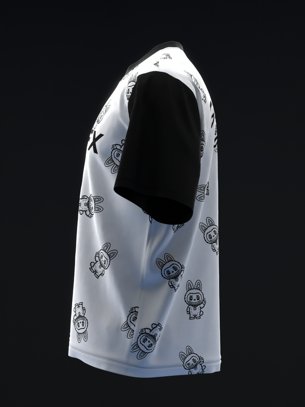 White bowling jersey with black cartoon character pattern throughout