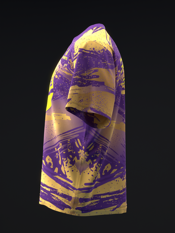 Purple and yellow bowling jersey with distressed grunge graphic design, front view