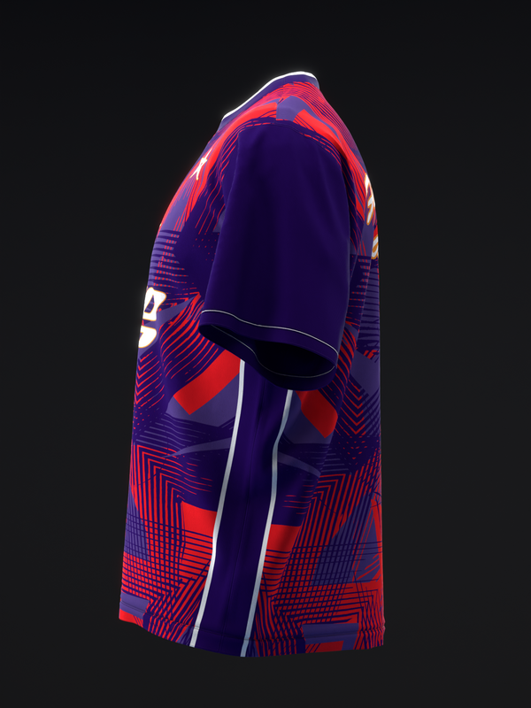 Purple and red bowling jersey with geometric striped pattern, side view