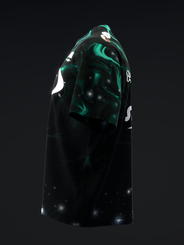 Black bowling jersey with teal abstract swirl and white accent details, side view