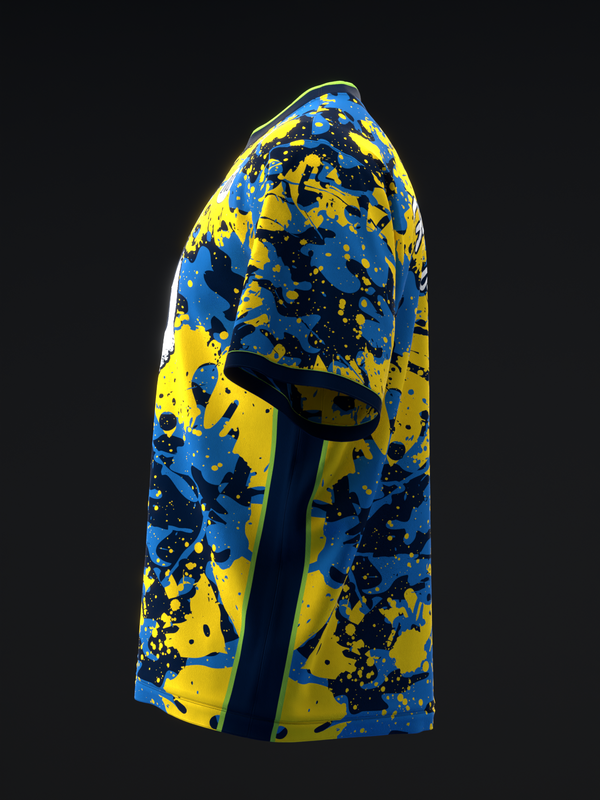 Blue and yellow bowling jersey with splatter paint pattern, front view