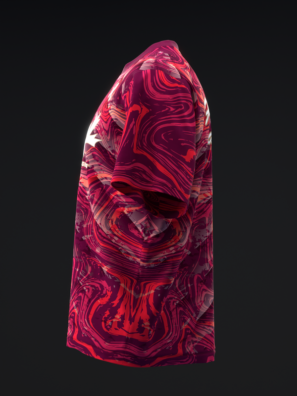 Red and pink swirled marble pattern bowling jersey, front view against black background