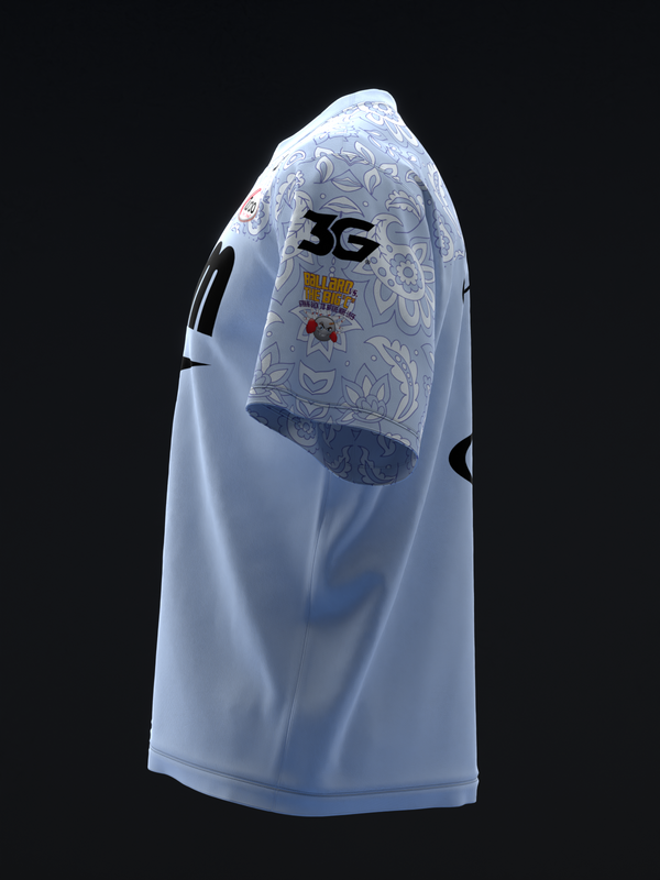 White bowling jersey with paisley pattern on sleeve and chest graphic detail