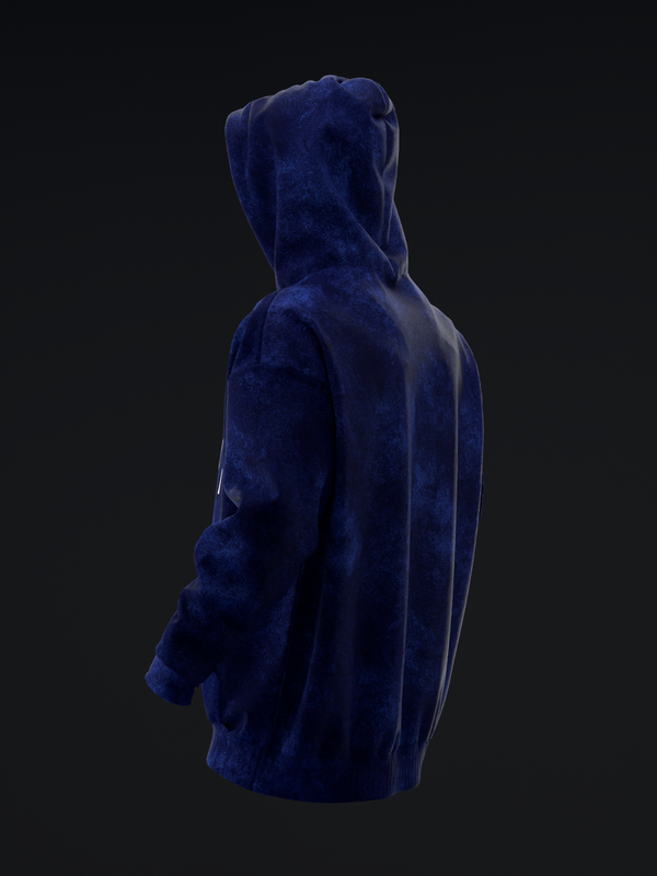Navy blue velvet pullover hoodie with distressed drip design, side view