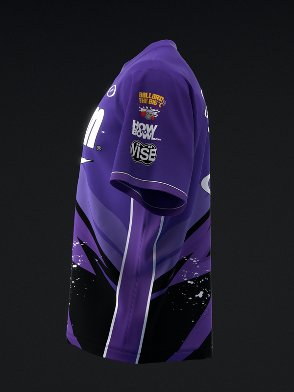 Purple bowling jersey with white piping and multiple sponsor logos, back view