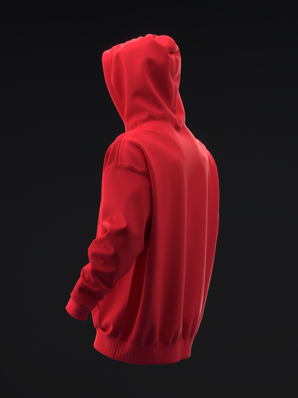 Red pullover hoodie with ribbed cuffs and hem, side view