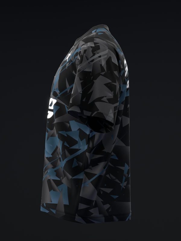Black bowling jersey with blue and gray geometric camo pattern, side view