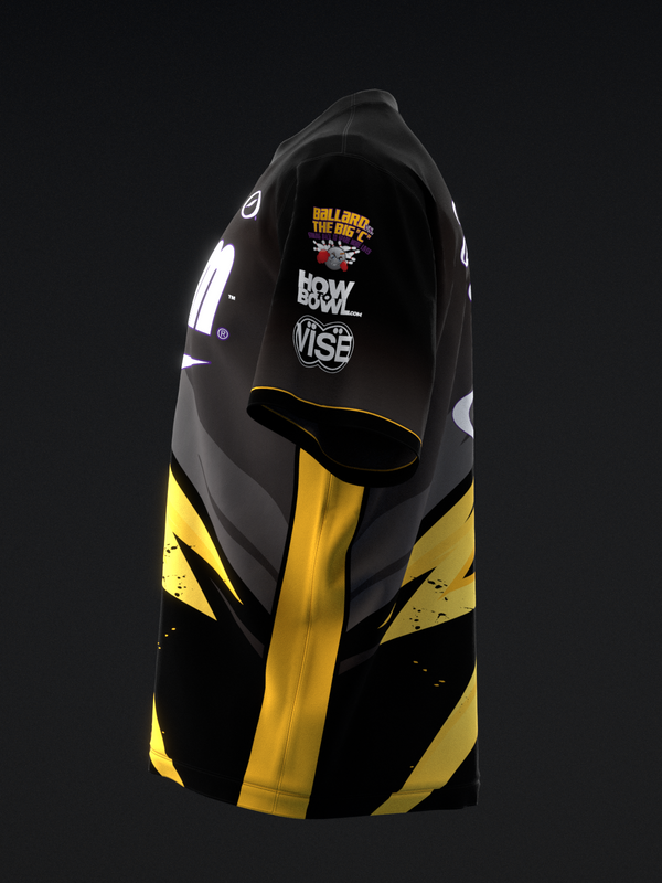 Black and yellow bowling jersey with white accents and sponsor logos displayed front view
