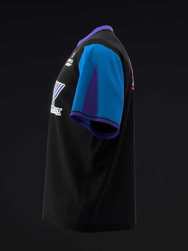 Black bowling jersey with blue sleeve and purple stripe design detail