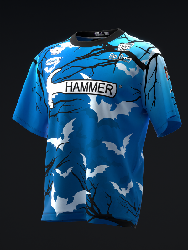 Blue bowling jersey with white bats and branch design, front view