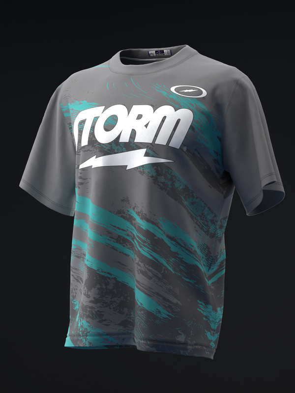 Gray bowling jersey with turquoise brush stroke pattern and white Storm logo