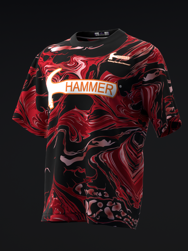 Red and black swirled bowling jersey with Hammer logo on front