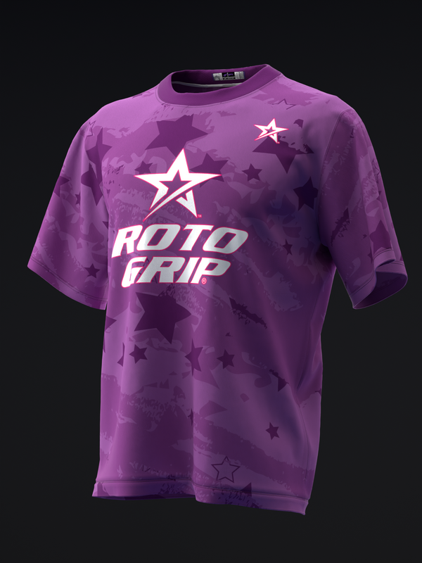 Purple bowling jersey with white star logo and Roto Grip text, front view