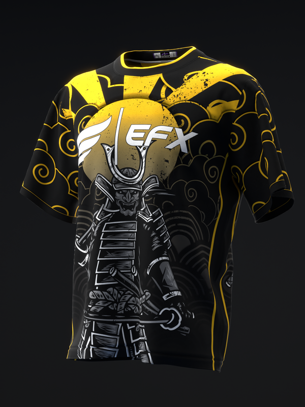 Black bowling jersey with yellow accents and samurai skeleton graphic design