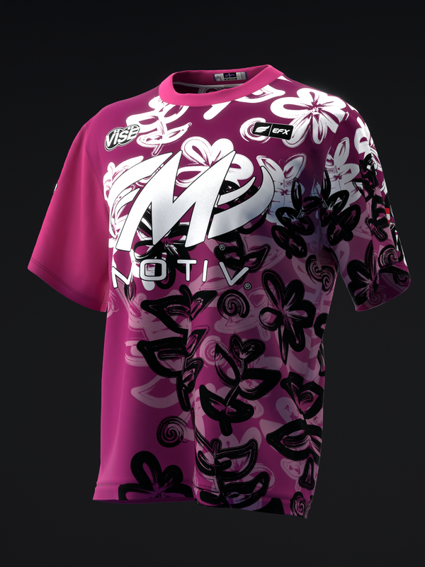 Magenta bowling jersey with airbrushed floral and abstract graphic design front view