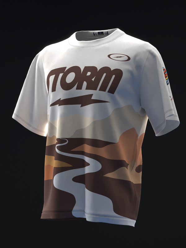 White and brown bowling jersey with Storm logo and landscape graphic design