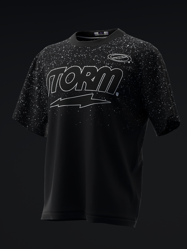 Black bowling jersey with speckled shoulders and outlined Storm text graphic