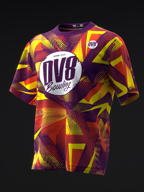 Purple, yellow, and red geometric patterned bowling jersey front view