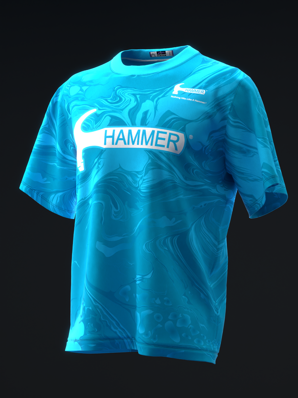 Bright blue bowling jersey with swirled pattern and white Hammer logo, front view
