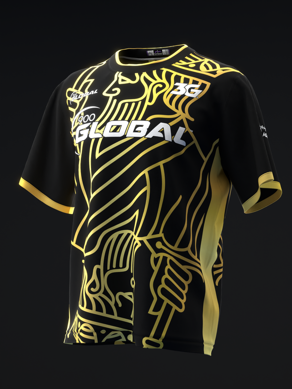 Black bowling jersey with yellow and gold lion graphic design on front