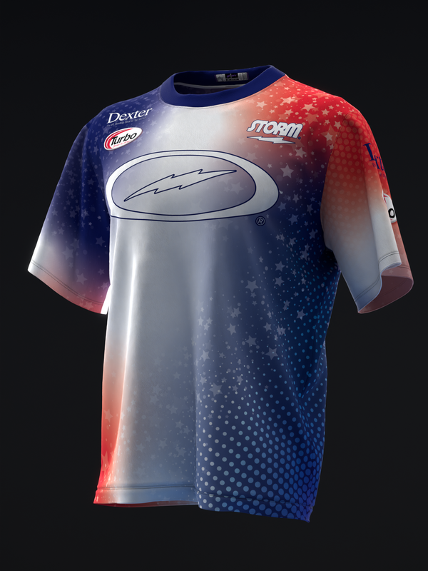 Bowling jersey with red, white, and blue color-blocking and dotted pattern design, front view