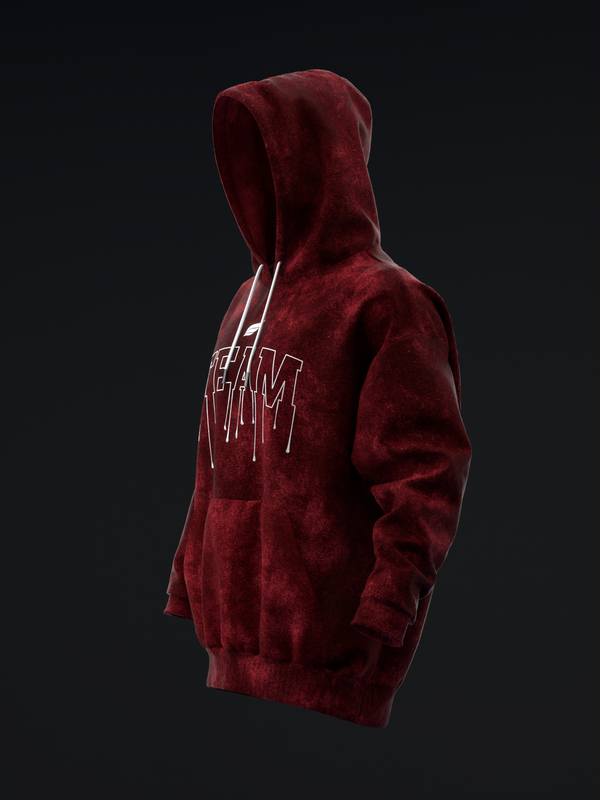 Burgundy pullover hoodie with white distressed text graphic, side view