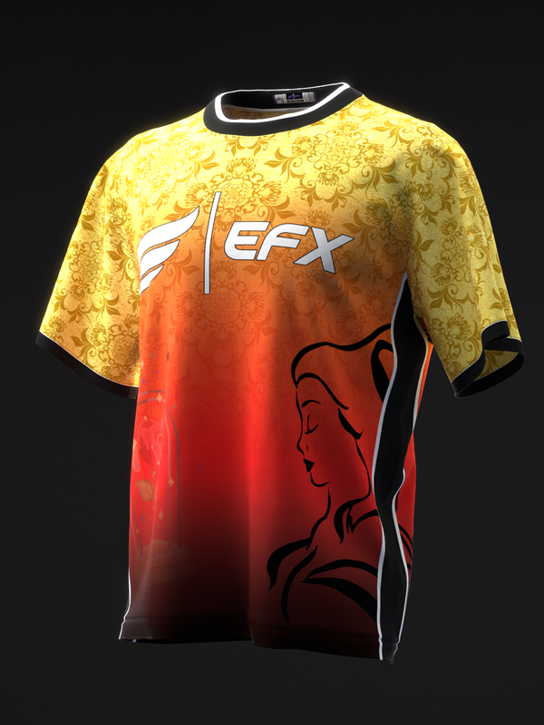 Yellow damask patterned bowling jersey with orange and red gradient, EFX logo, and black line art graphic