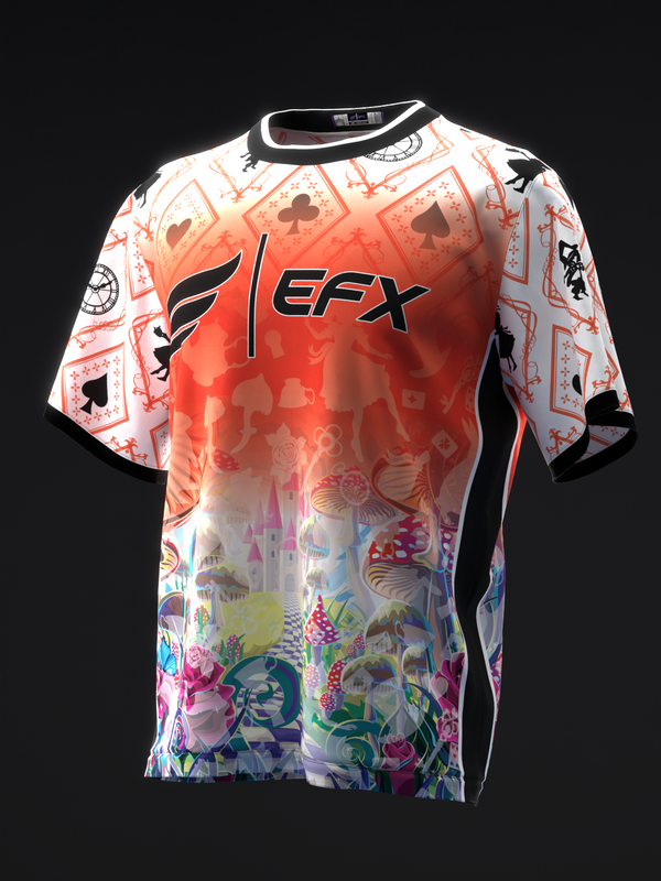 EFX bowling jersey with red gradient and playing card motifs front view