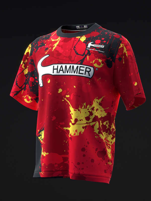 Red bowling jersey with yellow and black splatter pattern and Hammer logo front view