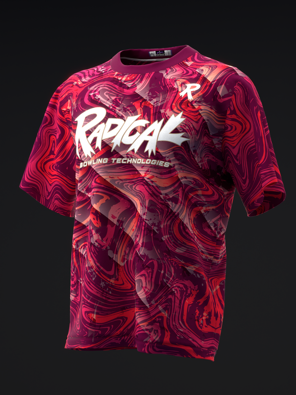 Radical bowling jersey in hot pink with abstract swirled pattern design, front view
