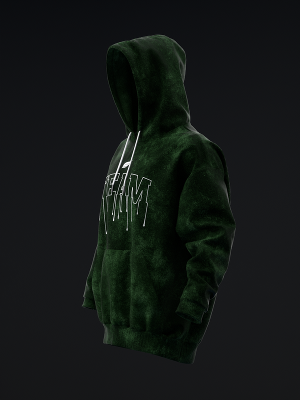 Dark green pullover hoodie with distressed white text graphic on chest