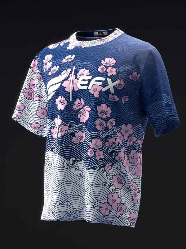 Navy and white bowling jersey with pink floral and wave pattern design