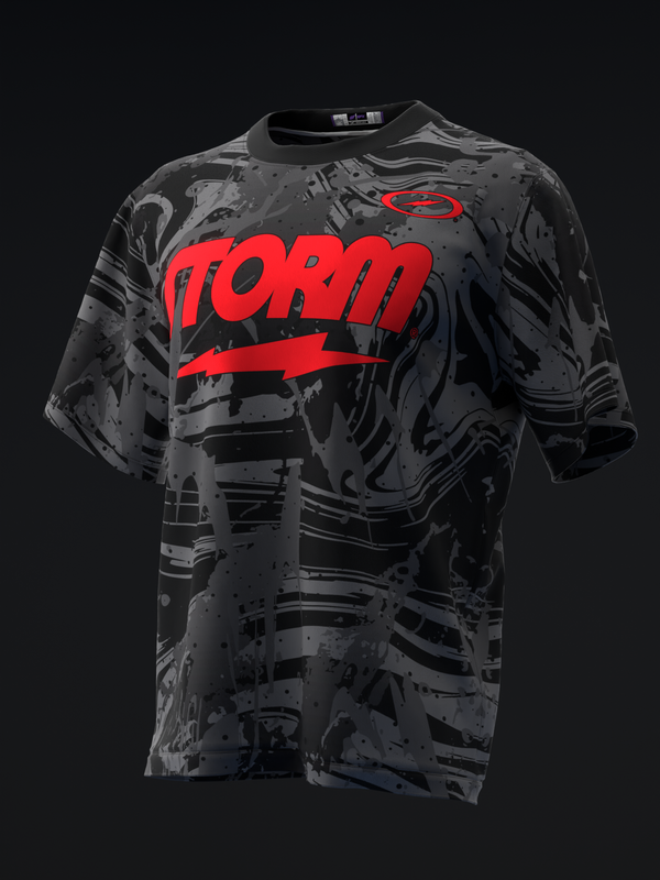 Black bowling jersey with red Storm logo and abstract gray splatter pattern throughout
