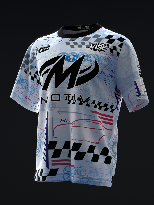 White bowling jersey with black checkered pattern, Vise logo, and blue sketch graphics front view